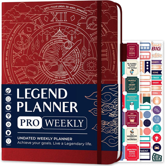 Legend Planner PRO – Deluxe Weekly & Monthly Life Planner to Increase Productivity and Hit Your Goals. Time Management Organizer Notebook – Undated – 7 x 10" Hardcover + Stickers – Wine Red