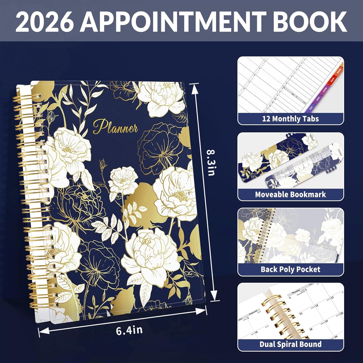 SUNEE 2026 Appointment Book, Quarter-Hourly, Weekly & Monthly - from January 2026 - December 2026, 6.4"x8.3" Flexible Cover, Notes, Pockets, Bookmark, Spiral Binding, Vintage Floral