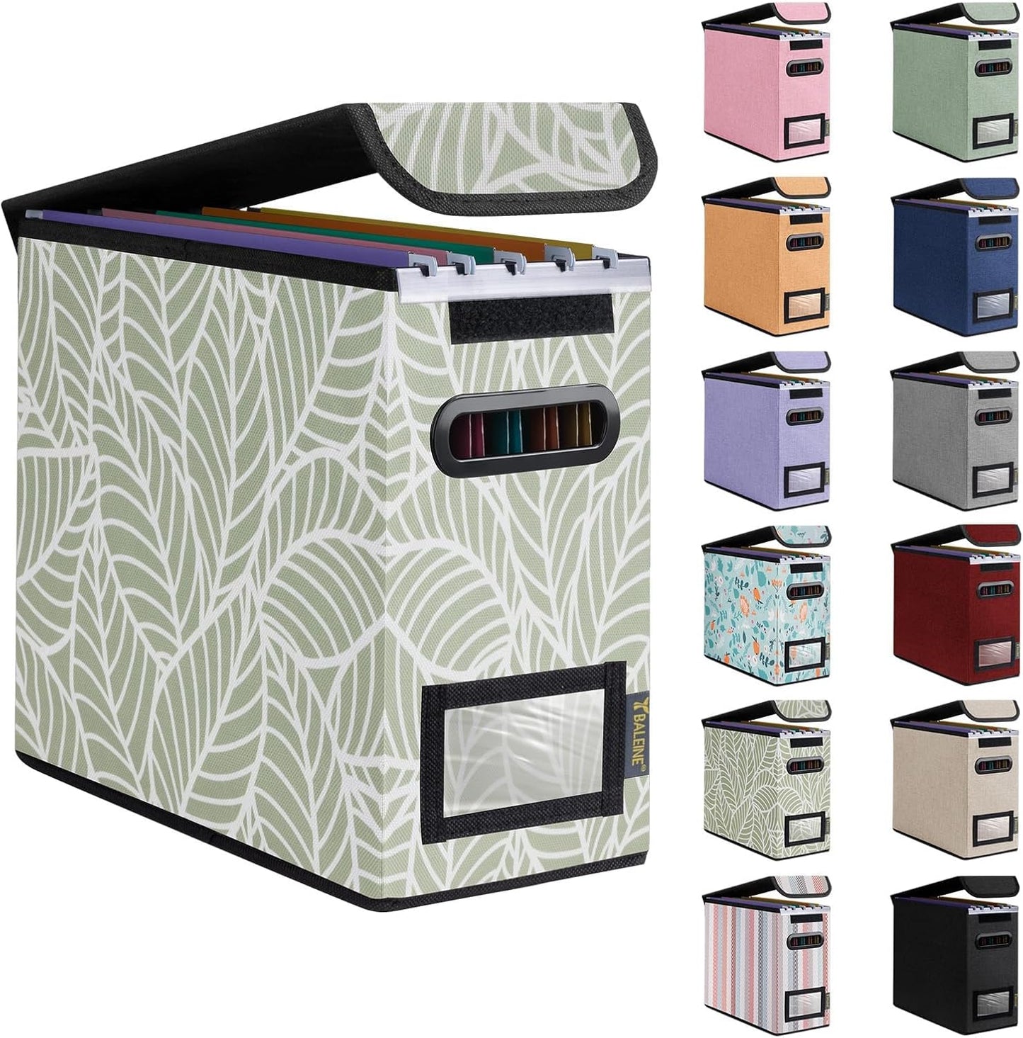 BALEINE File Organizer Box with Lid, Collapsible File Folder Organizer with Plastic Slide, Hanging File Folder Box for Office Document Storage (1 Pack, Antique Foliage, S)