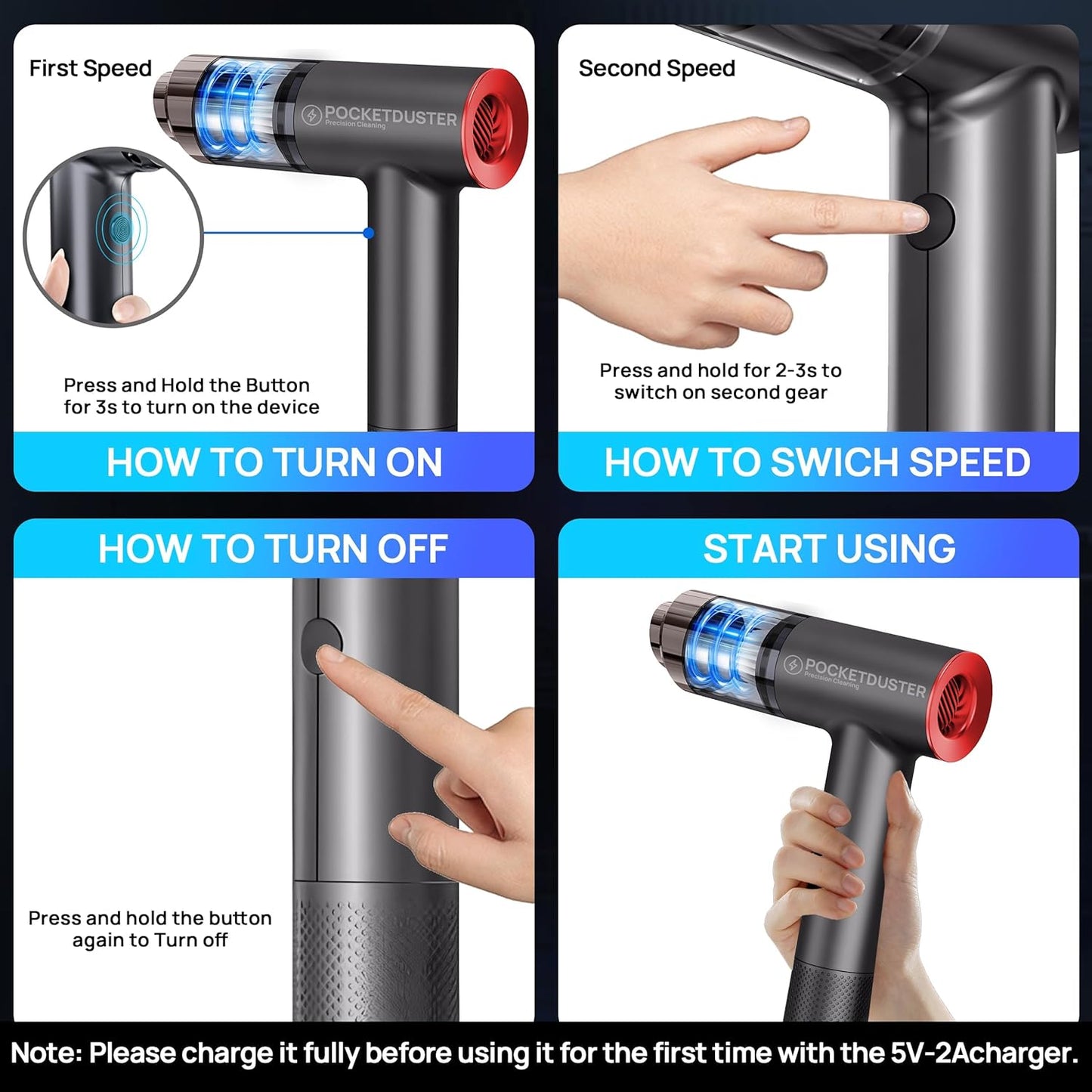 2-in-1 Compressed Air Duster and Mini Vacuum Cleaner with 150000 High RPM - Powerful Brushless Motor for Desktop, Keyboards, Laptop, Dryer and Electronics