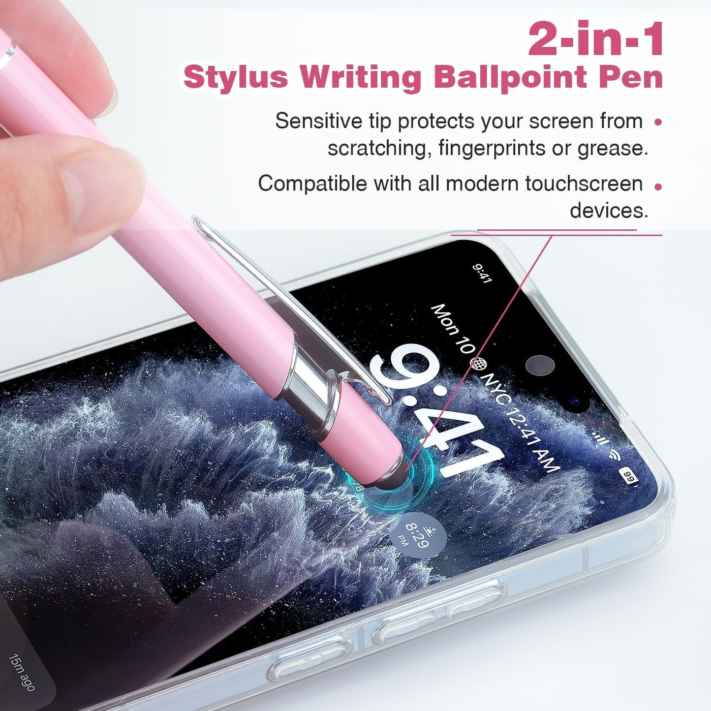 Ballpoint Pen 2-in-1 Stylus Retractable Ballpoint Pen with Stylus tip, Metal Stylus Pen for Touch Screens, 1.0 mm Black Ink (Pink)