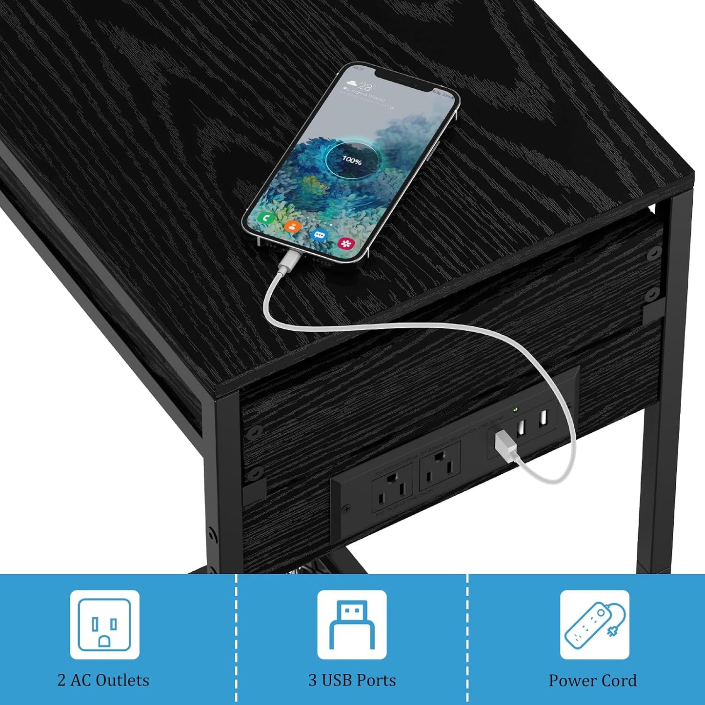 2 Tier Computer Tower Stand with Drawer, CPU Holder Stand with Charge Station and USB Charging Port, Printer Cart with Wheels for Home Office Fax, Black