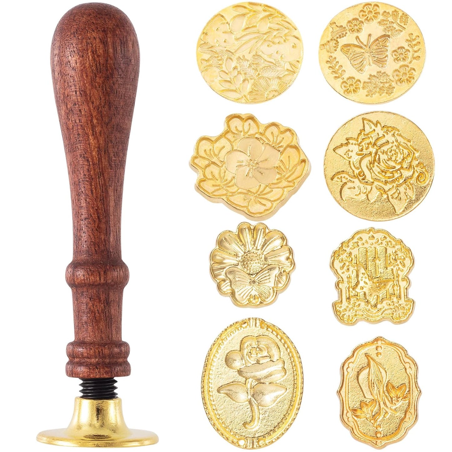 9pcs Wax Seal Stamp Set, Brass Sealing Wax Stamps Head & Wooden Handle for Wedding Invitations Cards Envelopes- Love Rose+Sunflower+Flower Window+Rose Flower+Butterfly+Kapok+Sakura+Leaves