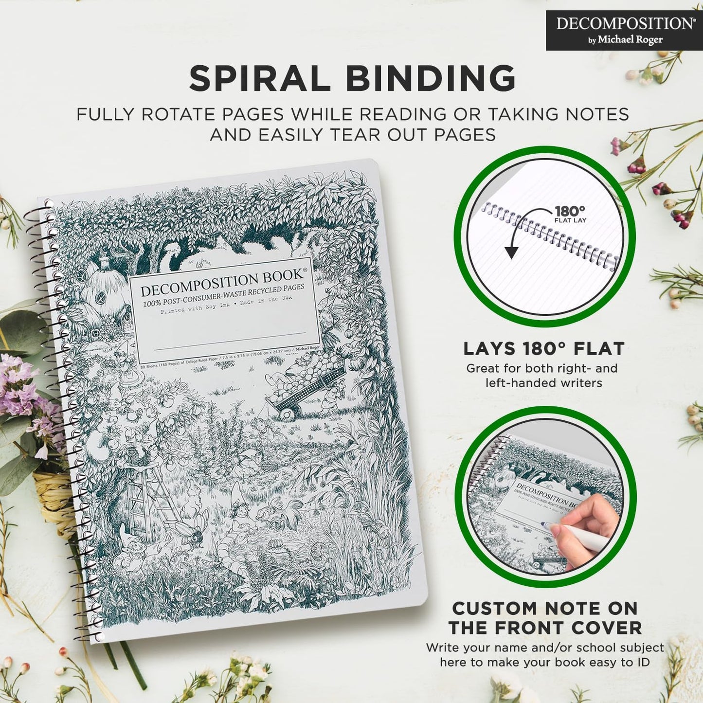 Decomposition 3-Pack Whimsical Garden College Ruled Spiral Notebook - 9.75 x 7.5 Journal, 160 Lined Pages - 100% Recycled Paper - Notebooks for School Supplies, Home & Office - Made in USA