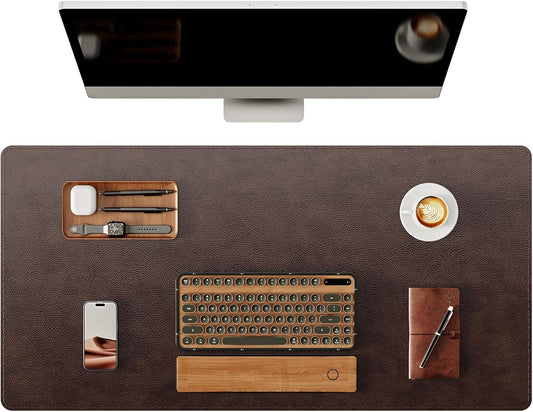 YSAGi Genuine Leather Desk Mat, 31.5"x15.8" Office Desk Pad, Thick Premium Table Pad with Stitched Line, Non-Slip Laptop Writing Pad with Rubber Base (Dark Brown, 31.5"x15.8")