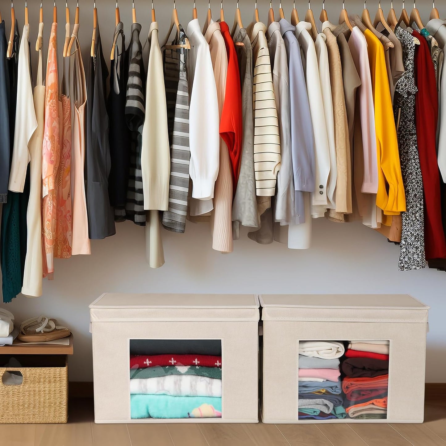 Univivi Foldable Fabric Storage Boxes Large Storage Bins with Lids [4-Pack] Collapsible Storage Cubes Organizer Containers Organization Baskets for Home, Bedroom, Closet (Beige, 17“ x 12” x 12")