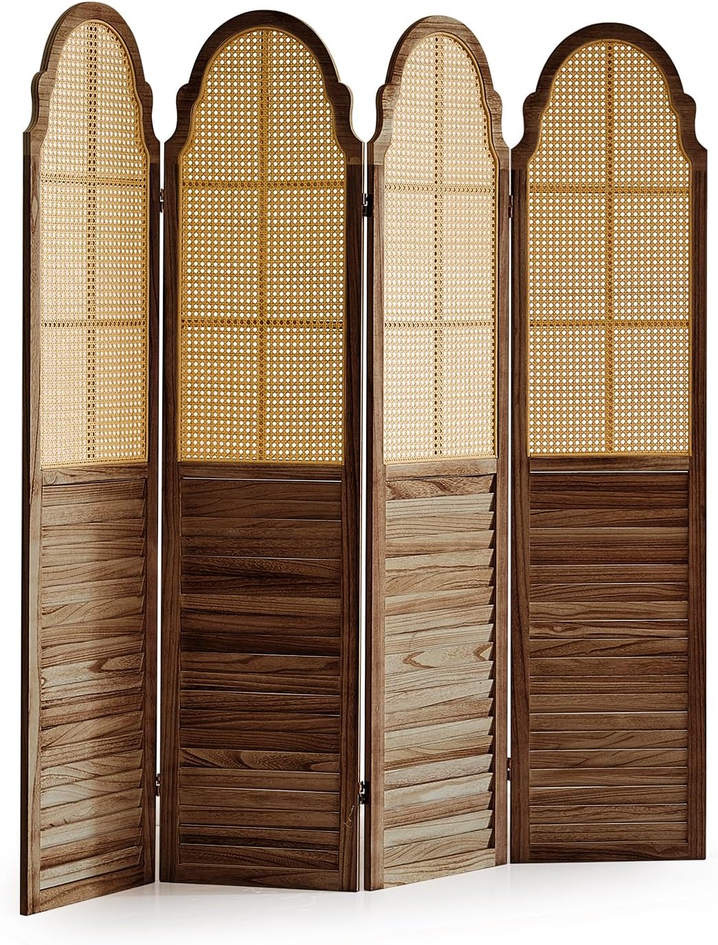 4 Panel Rattan Folding Screen Room Divider, Privacy Dividers for Rooms, Louvered Partition Dividers, Room Divider Panel for Bedroom, Dressing Room, Balcony, Dark Brown