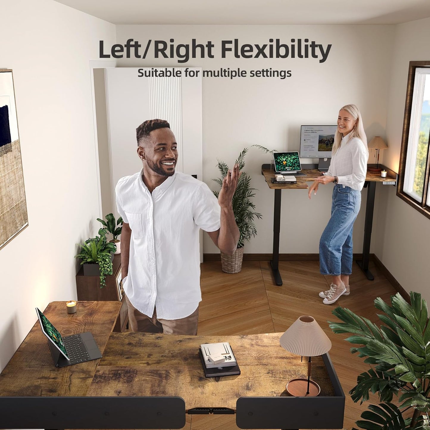 Claiks L Shaped Standing Desk, 55 Inch Electric Height Adjustable Desk Left Facing Corner Workstation with Splice Board, Rustic Brown