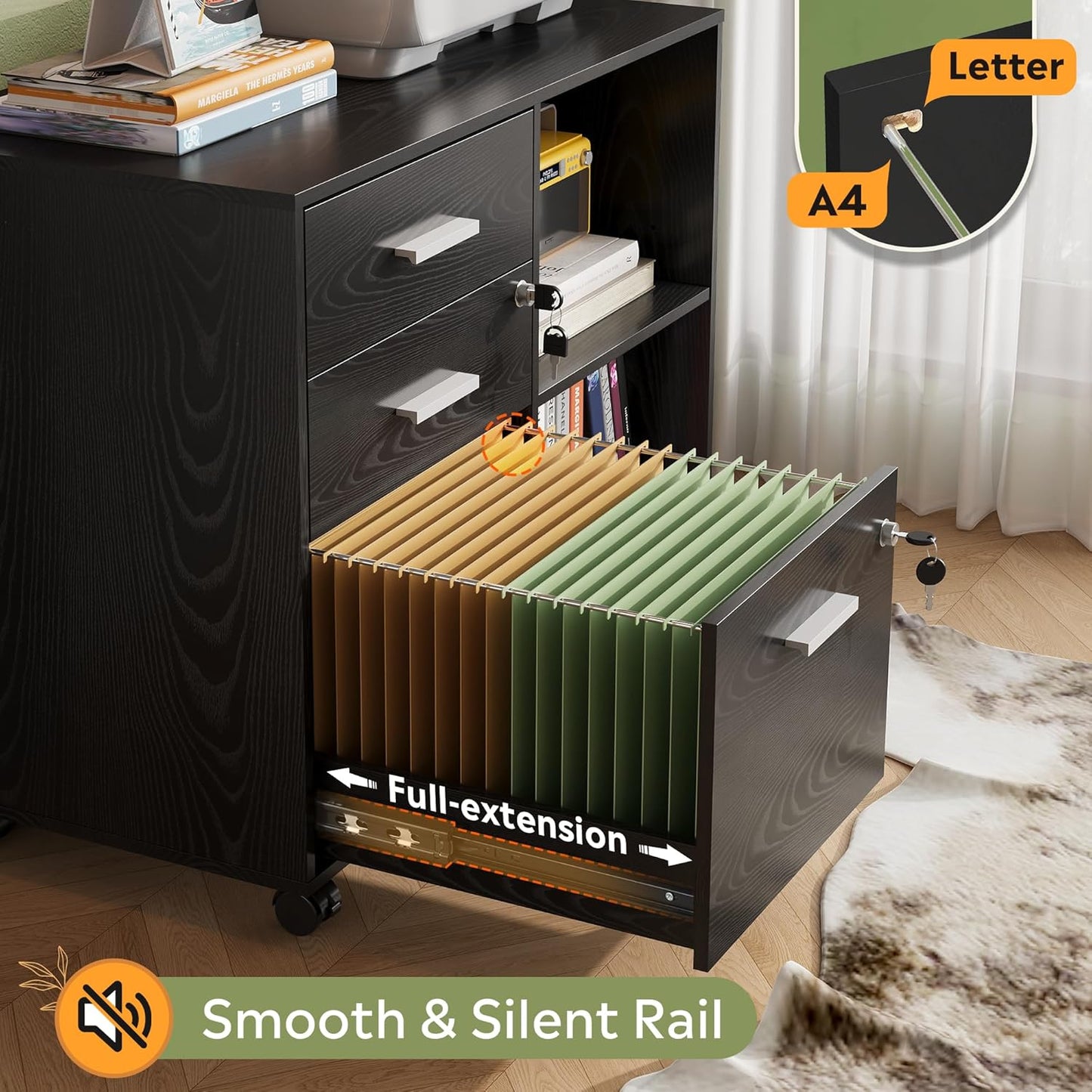 DEVAISE 3-Drawer Wood File Cabinet with Lock, Mobile Lateral Filing Cabinet, Printer Stand with Open Storage Shelves for Home Office, Black