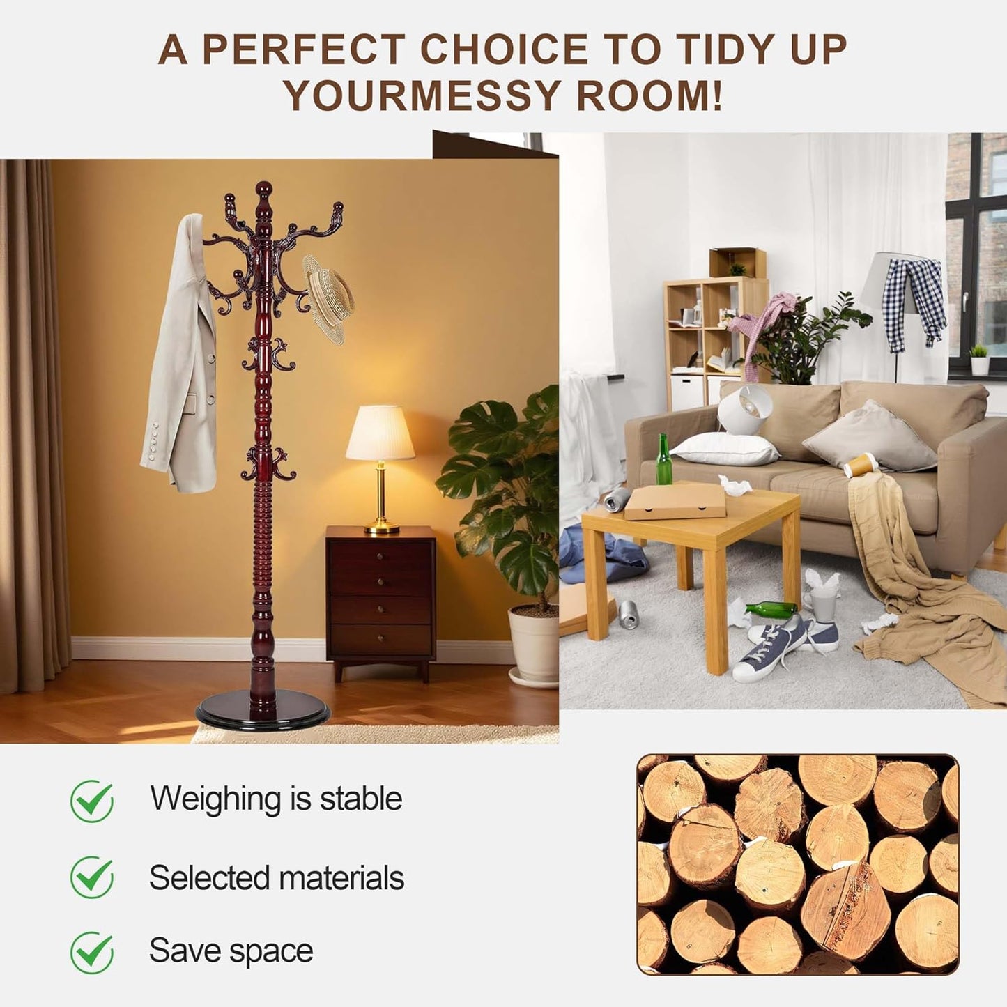 Solid Wood Coat Rack Stand with 18 Hooks, Vintage Coat Rack Freestanding with Heavy Duty Base, 3 Adjustable Height Coat Hanger Stand Hall Tree Fits Entryway Bedroom Office for Coat,Bag,Hat