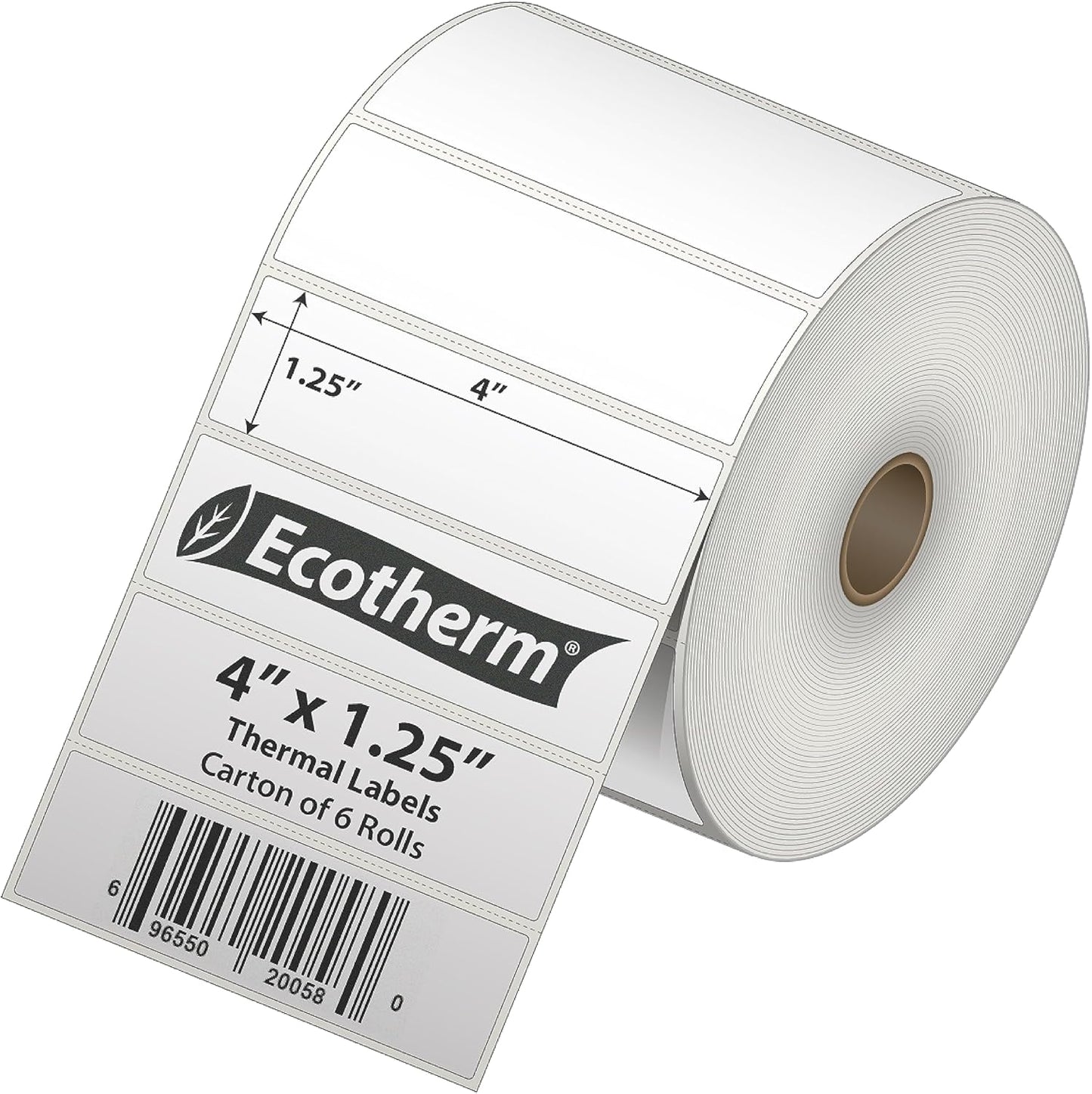 4" x 1.25" Thermal Labels | 6 Rolls | 12600 Labels | fits Zebra, Munbyn, Rollo, Godex, Arkscan, iDPRT, Offnova Thermal Label Printers and More | Blank White Adhesive Stickers by Ecotherm