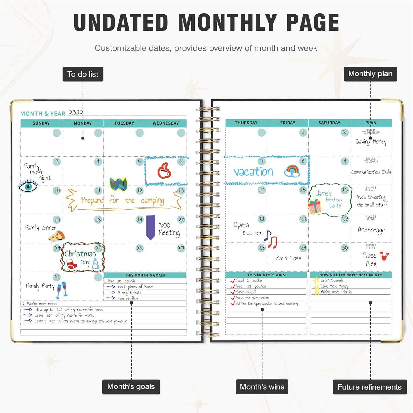 Ospelelf Spiral Bound Undated Daily Weekly Monthly Student Planner 2025 - Black Hourly Work Planner, Hardcover, 8.5 x 11