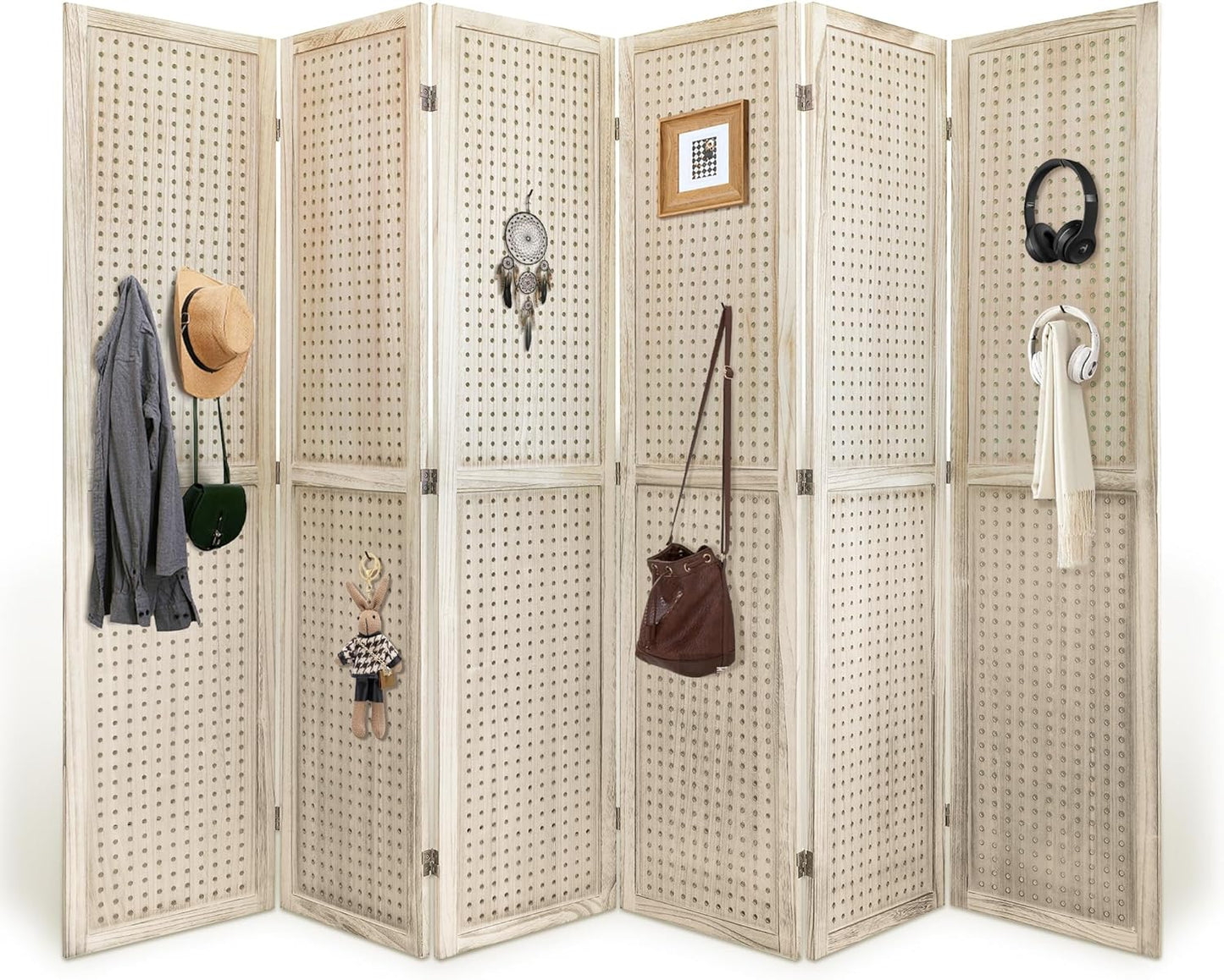 2 Pack Room Divider, 5.6FT Folding Room Divider Panel, 6 Panel Pegboard Display Wood Partition Wall Divider for Room Separation& Craft Shows, Natural Wood