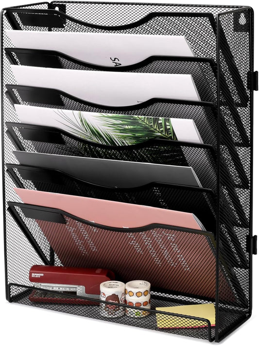 EasyPAG 7 Tier Wall File Holder with Flat Tray, Black | Easy Assemble Mesh Desk File Organizer | 6-Folder Paper Storage | Replaceable Classify Labels | Space Saving Mail Organizer for Office Home