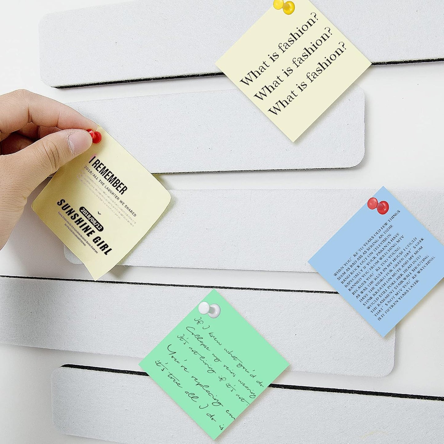 5 Pack Felt Pin Board Bar Strips Bulletin Board for Bedrooms Offices Home Wall Decoration, Notice Board Self Adhesive Cork Board with 35 Push Pins for Paste Notes, Photos, Schedules (White)