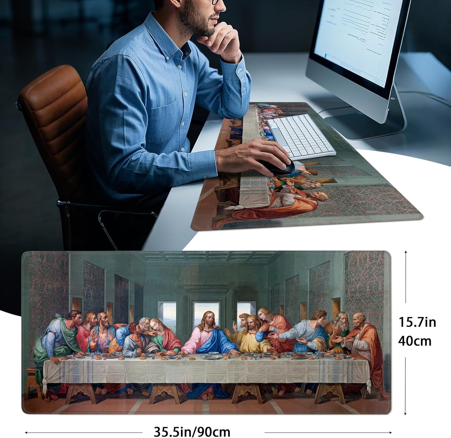 Mouse Pad with Last Supper – Religious Scenario Desk Pad – Portable Computer Mousepad – Gaming, Office, Waterproof, Non-Slip, Stitched Edges 35.5 x 15.7inches x 3mm