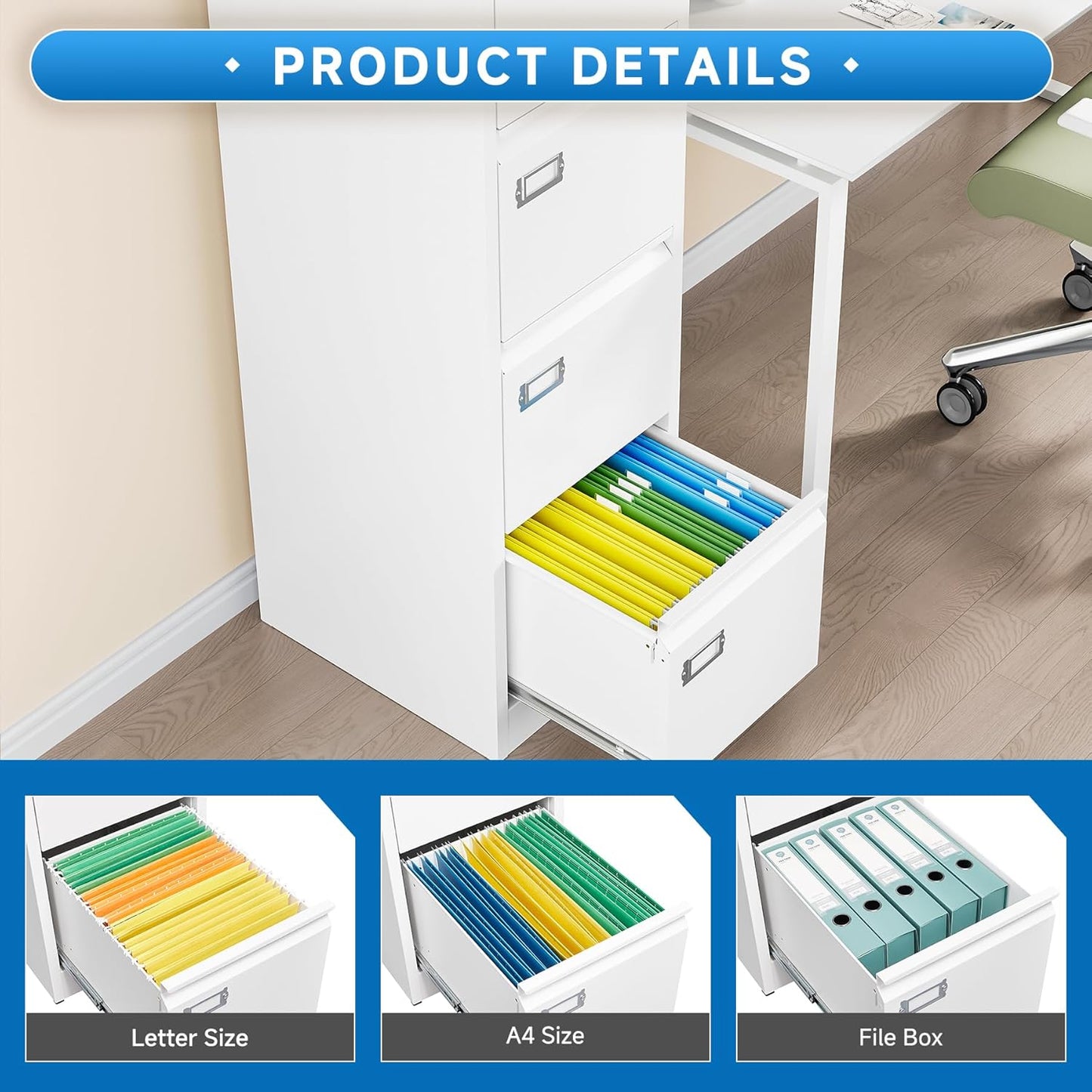 4 Drawer File Cabinet with Lock Metal Vertical File Storage Cabinet Office Home Steel Vertical File Cabinet for A4 Legal/Letter Size Narrow File Cabinet Locked,Assembly Required
