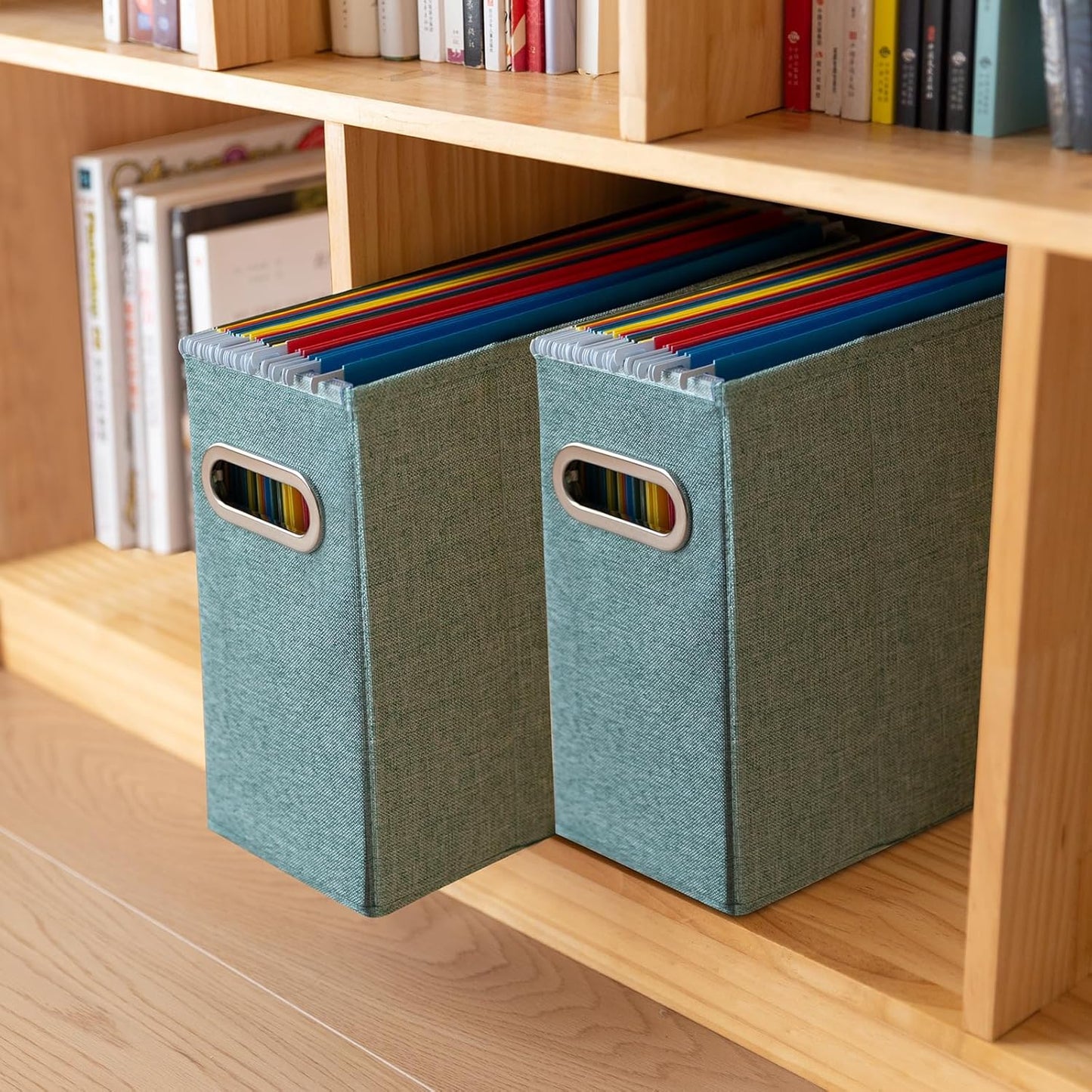 4 Packs Letter Size File Organizer, File Folders Organizer, Fabric Storage Box, Collapsible Paper Organizer with Metal Handle, Smooth PVC Rails, Only Box (Green)