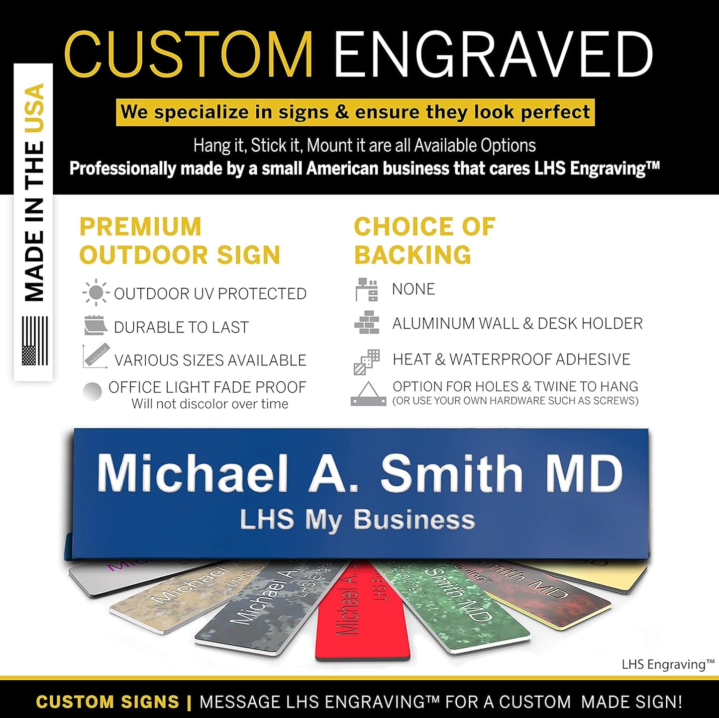 Engraved Name Plates for Door Sign Personalized Blue Plastic Plaque with White Letters - Made in USA 2x10 B9