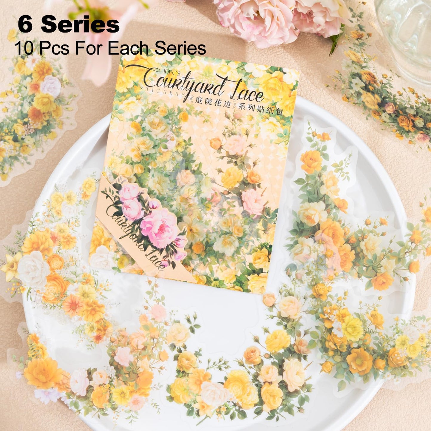 60 Pcs Vintage Flower PET Stickers Set, Large Floral Corner Stickers for Scrapbooking, Journaling, DIY Crafts, with Organizer