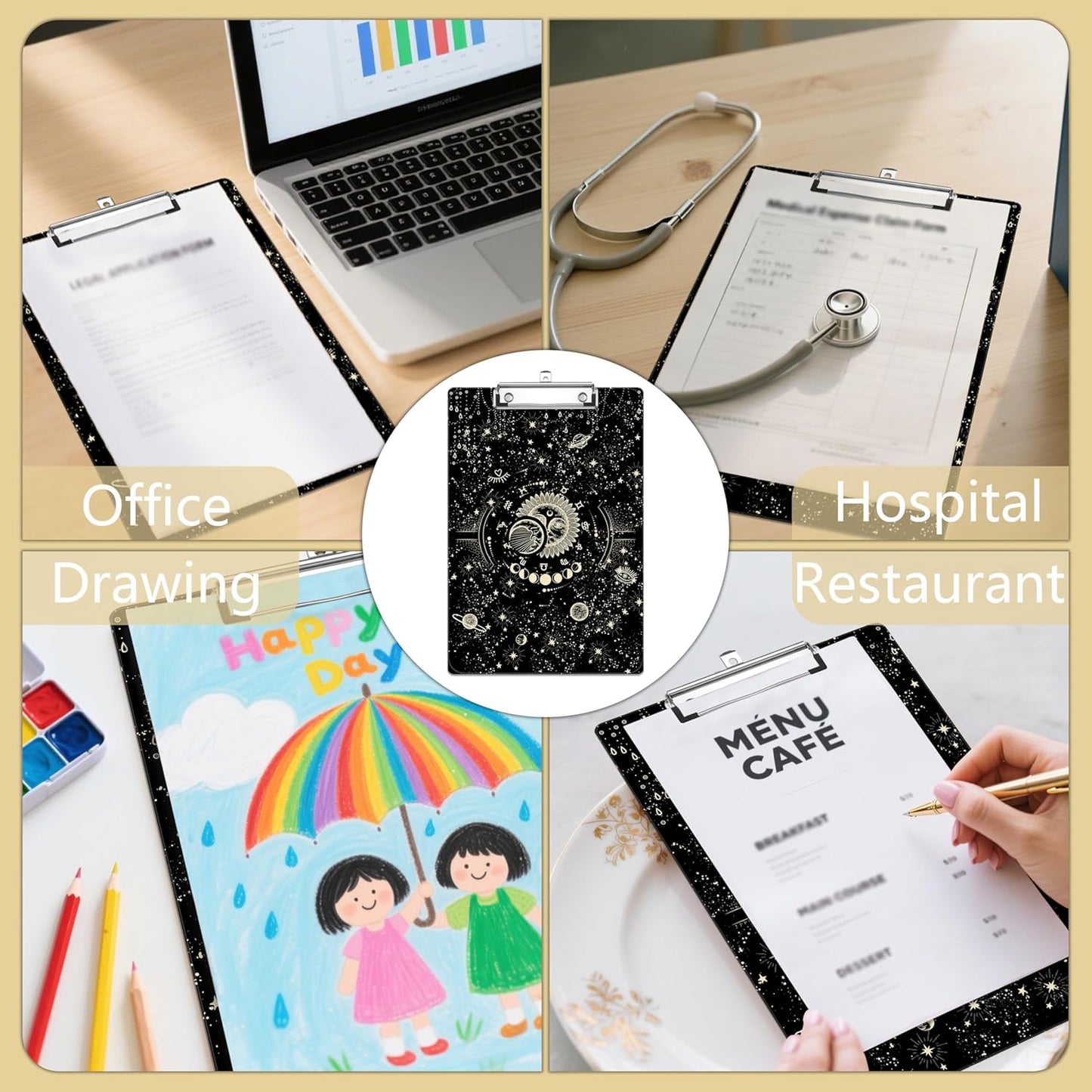 Golden Sun Moon Plastic Clipboards,Decorative Plastic Acrylic Clipboard for Teacher Social Worker Students Office Supplies 8 * 12