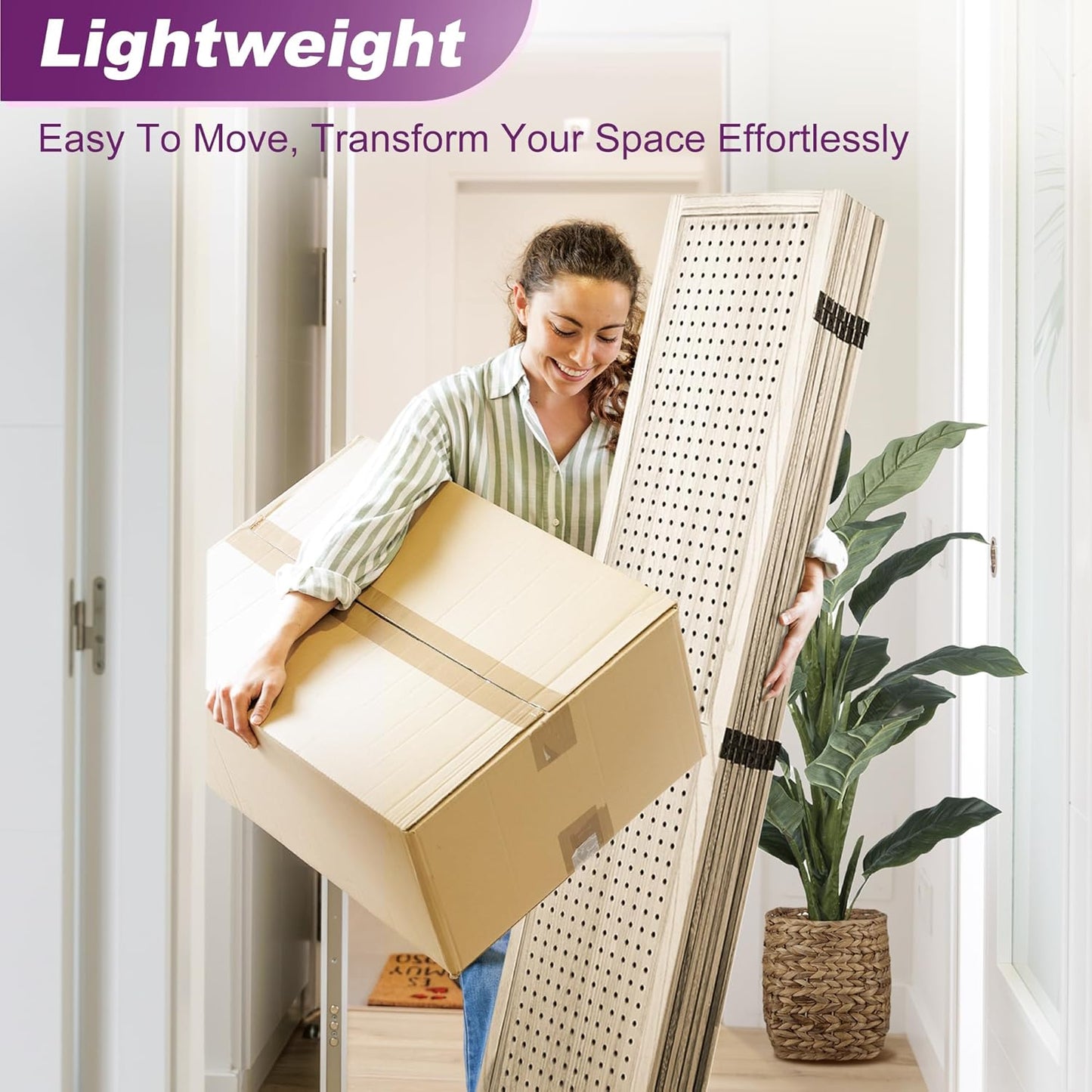 Room Divider, 5.6FT Folding Room Divider Panel, 8 Panel Pegboard Display Wood Partition Wall Divider for Room Separation& Craft Shows, Natural Wood