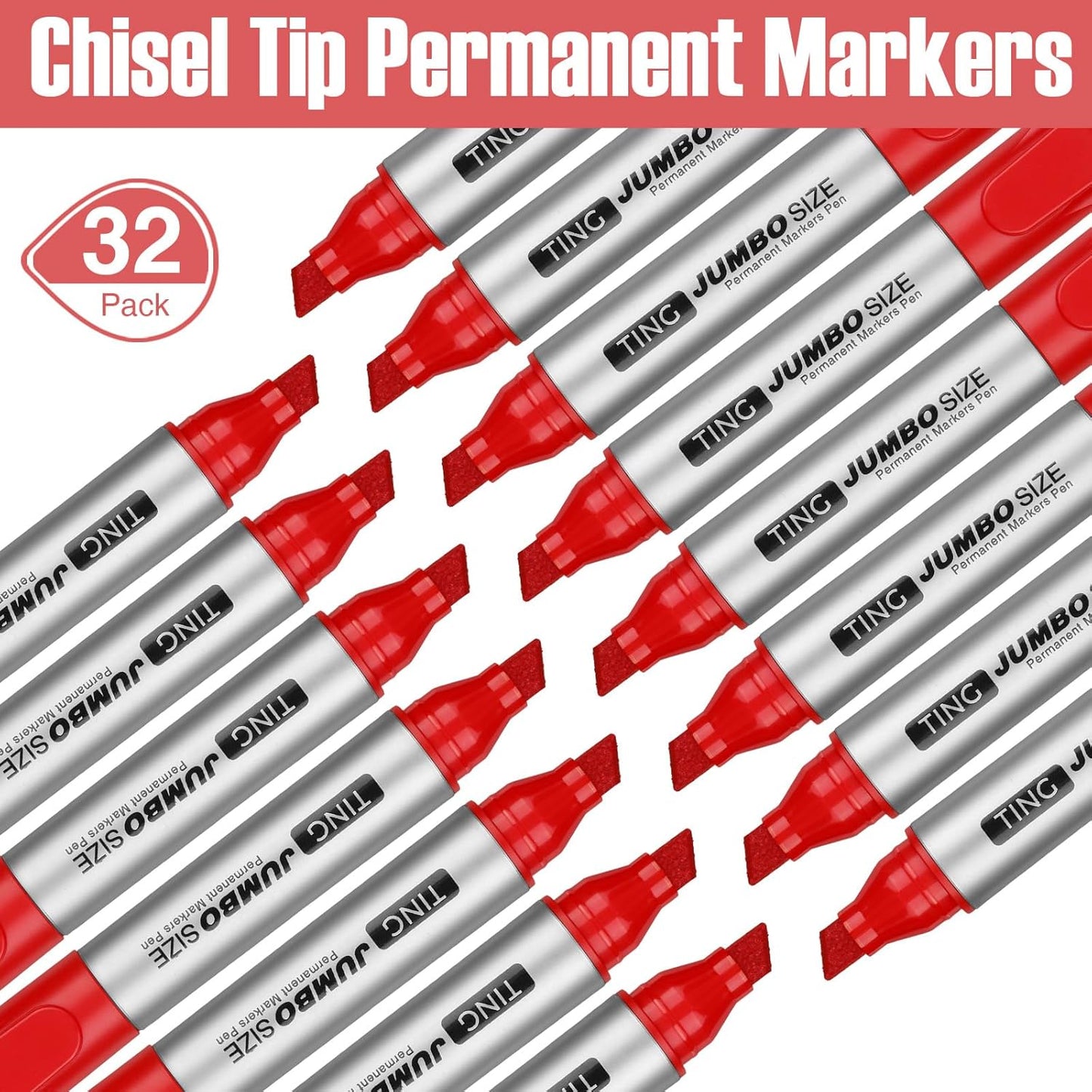Fuutreo 32 Pcs Jumbo Permanent Markers Bulk Large Chisel Tip Permanent Markers Waterproof Jumbo Pens Quick Drying Office Teacher Supplies(Red)