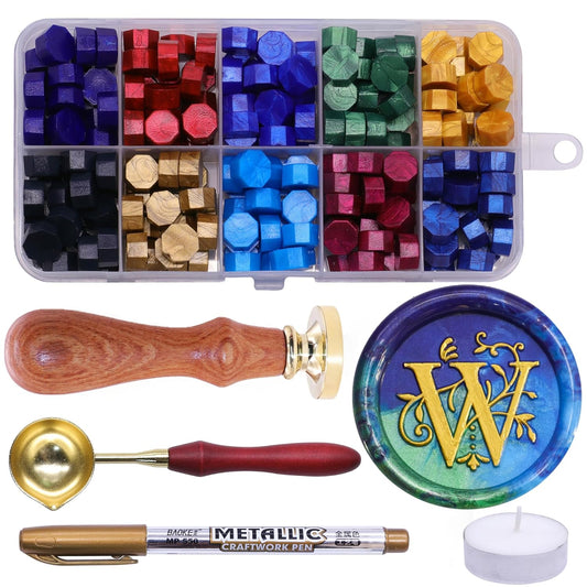 SWANGSA Initial Alphabet W Wax Seal Stamp Kit, Classic Retro Letter Sealing Stamp with 200pcs Sealing Wax Beads Kit for Wedding Invitations Cards Envelopes (W)