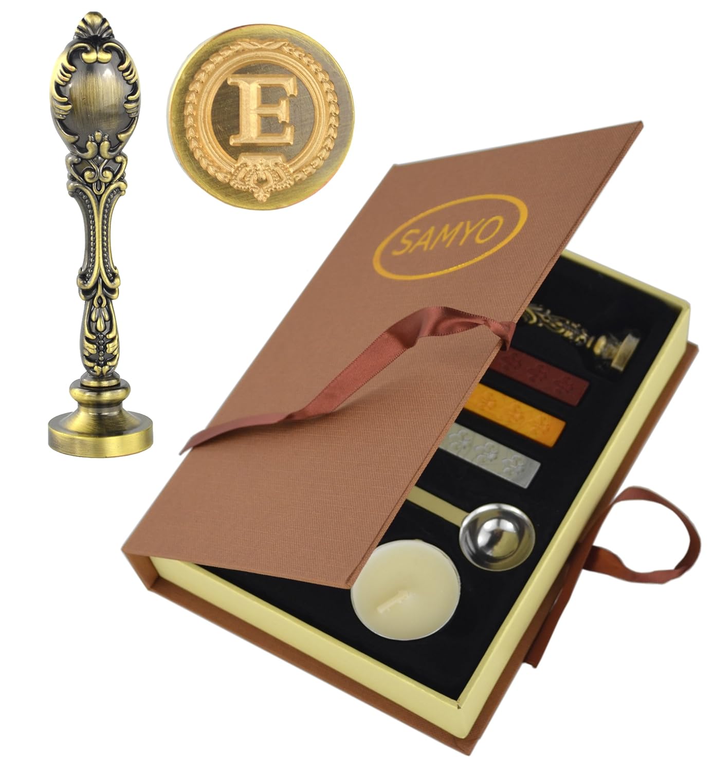 Samyo Creative Romantic Stamp Maker Classic Old-Fashioned Style Brass Color Wax Seal Sealing Stamp Vintage Antique Alphabet Initial Letter Set - (Letter E)