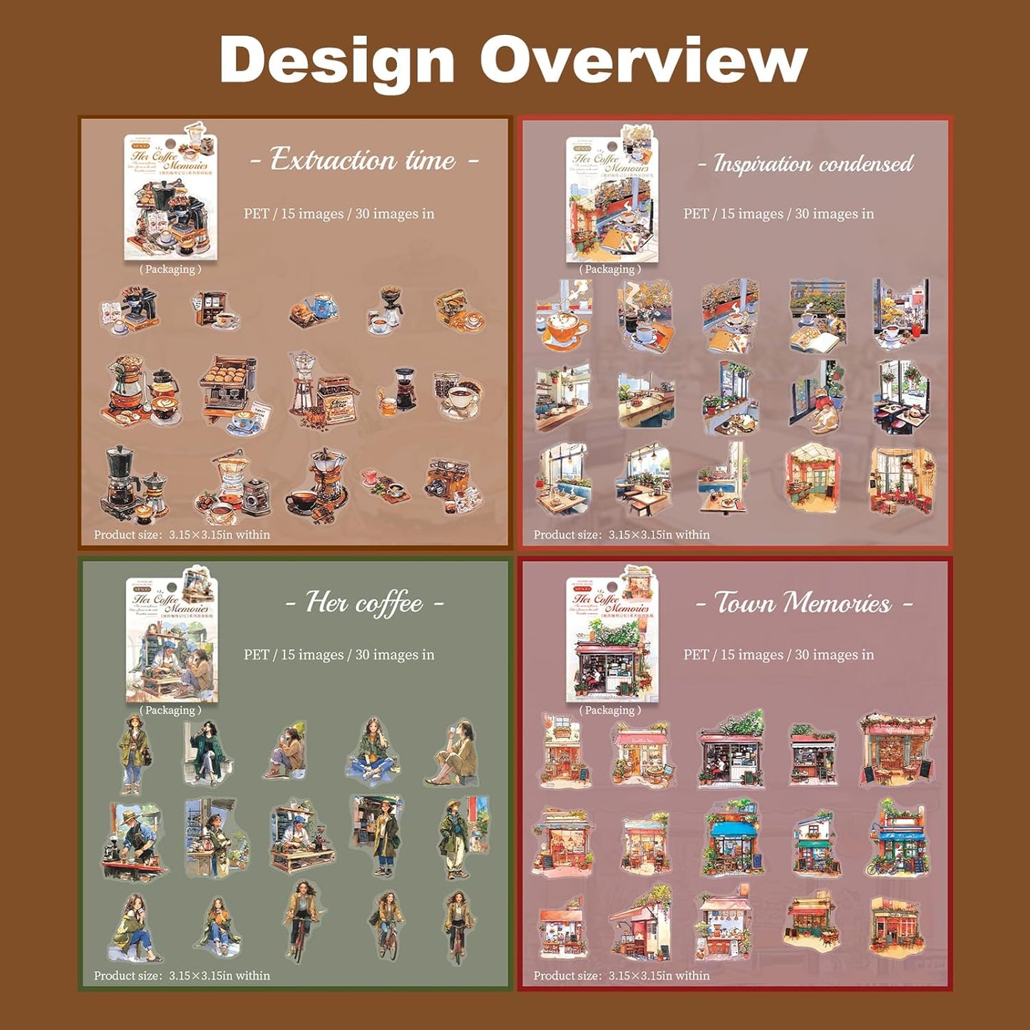 Coffee Memories PET Stickers, 120 PCS Vintage Cafe Scene Stickers for Scrapbook, Journals, Planners and DIY Craft Decoration