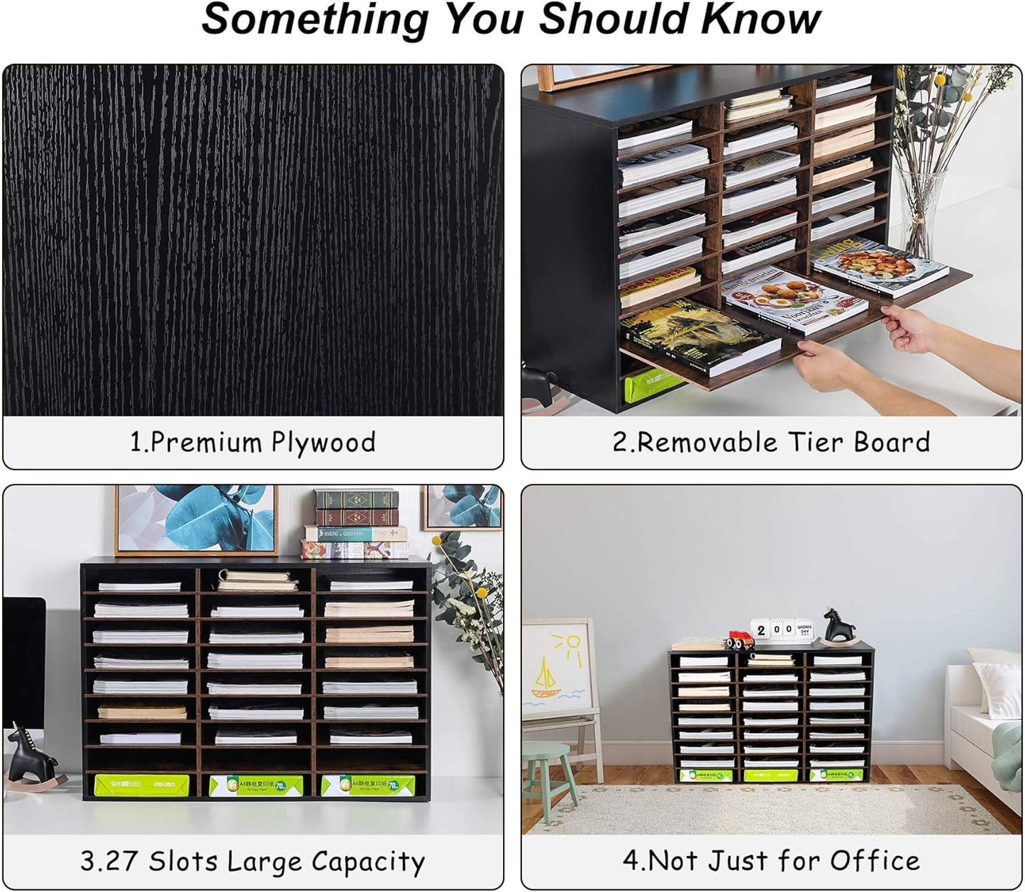 TQVAI Wood Adjustable Literature Organizer Desktop File Sorter Mail Center Paper Storage Cabinet Home & Office Mailbox School Classroom Keepers, 27 Slots Compartments, Black/Archaize
