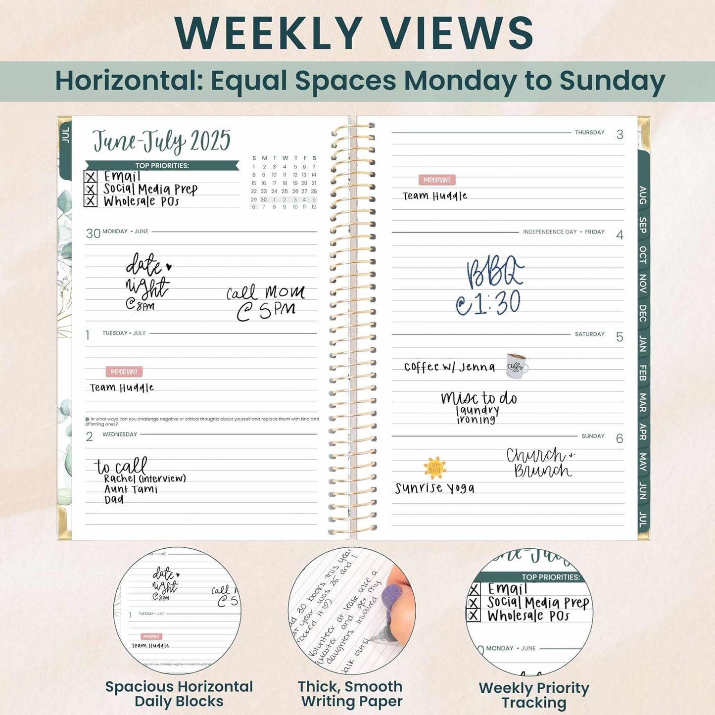 bloom daily planners HARDCOVER 2025-2026 Academic Year Day Planner (July 2025 - July 2026) - A5 Task Goal Organizer - Monthly & Weekly Inspirational Agenda Book - 5.5" x 8.25" - White Eucalyptus