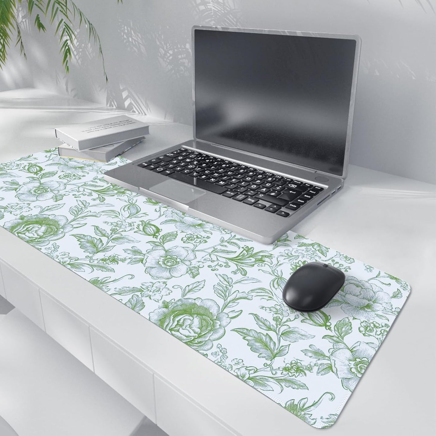 Sage Green Chinoiserie Mouse Pad,Sage Green Floral Desk Mat,XL Large Greens Floral Preppy Trendy Mouse Pad,Girly Gaming Mousepad,Girly Laptop Desk Mat for Dorm Home Office,31.5x11.8 Inch