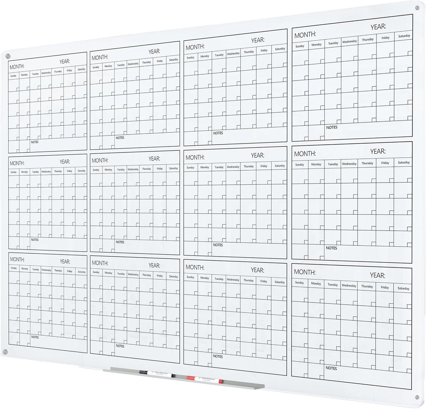 J&J worldwide Glass Whiteboard Yearly Calendar - 35" X 47" Large Wall Whitrboard - White Board Dry Erase Planner for Wall Home, School, Office
