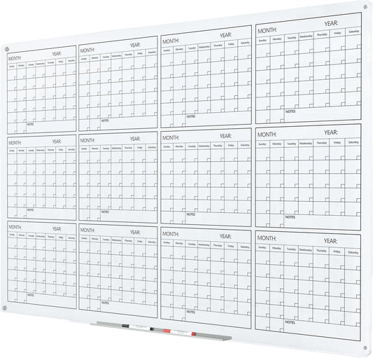 J&J worldwide Glass Whiteboard Yearly Calendar - 35" X 47" Large Wall Whitrboard - White Board Dry Erase Planner for Wall Home, School, Office