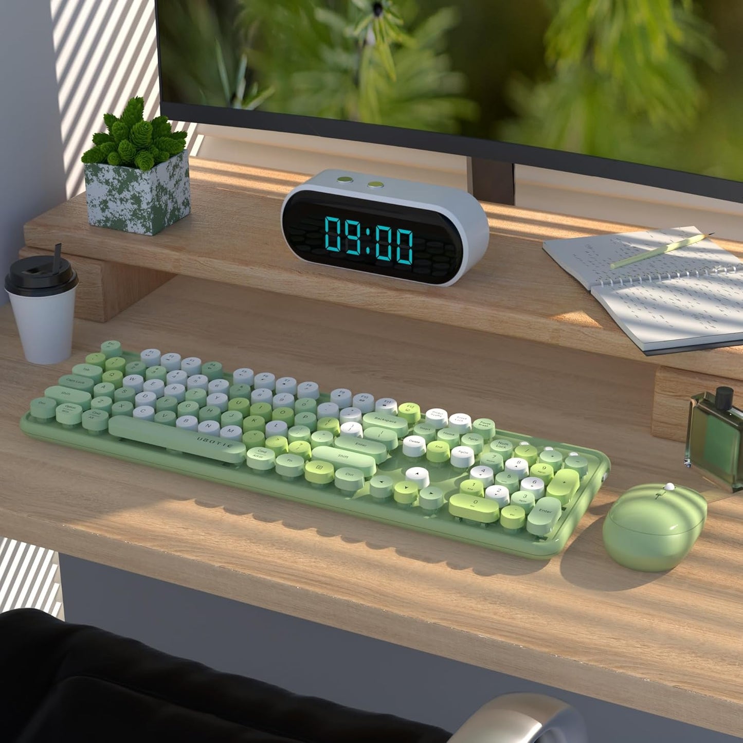 UBOTIE Colorful Computer Wireless Keyboards Mouse Combos, Typewriter Flexible Keys Office Full-Sized Keyboard, 2.4GHz Dropout-Free Connection and Optical Mouse (Green-Colorful)