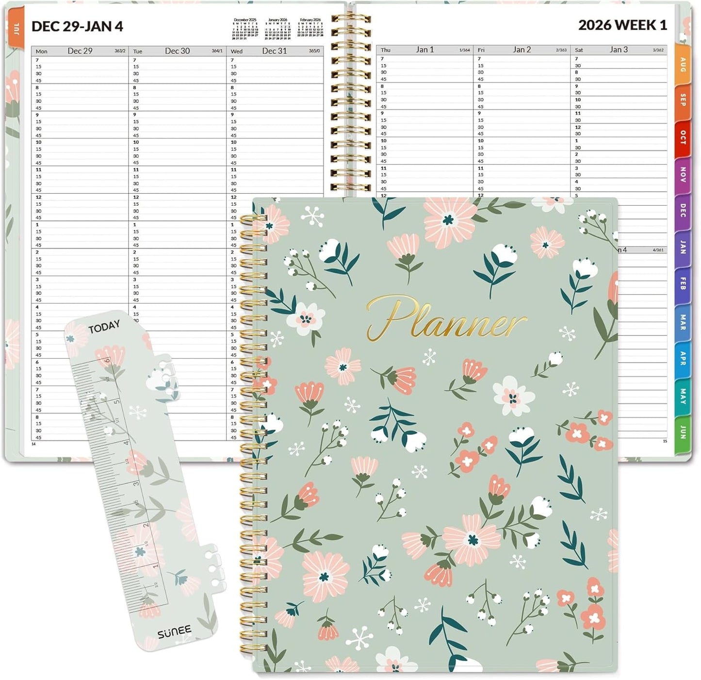 SUNEE 2026 Appointment Book, Quarter-Hourly, Weekly & Monthly - from January 2026 - December 2026, 8.5"x11" Weekly Planner, Flexible Cover, Note Pages, Pockets, Bookmark, Green Wildflowers