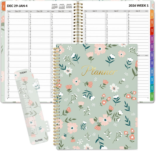 SUNEE 2026 Appointment Book, Quarter-Hourly, Weekly & Monthly - from January 2026 - December 2026, 8.5"x11" Weekly Planner, Flexible Cover, Note Pages, Pockets, Bookmark, Green Wildflowers