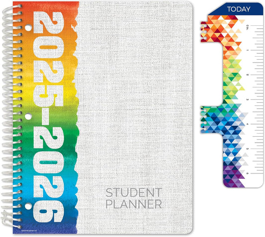 Global Datebooks Dated Middle School or High School Student Planner for Academic Year 2025-2026 Includes Ruler/Bookmark and Planning Stickers (Block Style - 8.5"x11" - Rainbow Linen)