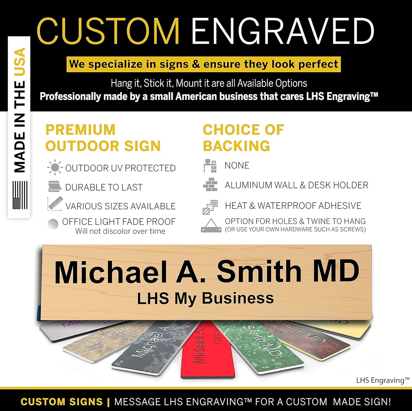 Engraved Name Plates for Door Sign Personalized Cashew Plastic Plaque with Black Letters - Made in USA 2x12 N6