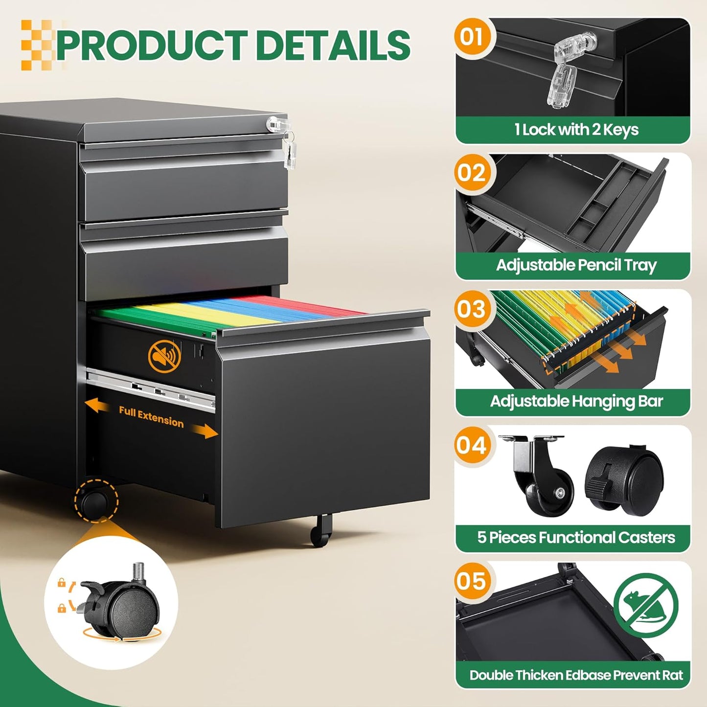 Mobile File Cabinet with Lock, 3 Drawer File Cabinet for Home Office, Rolling File Cabinet, Under Desk Locking Filing Cabinet on Wheels for Legal/Letter/A4 File, Fully Assembled, Black