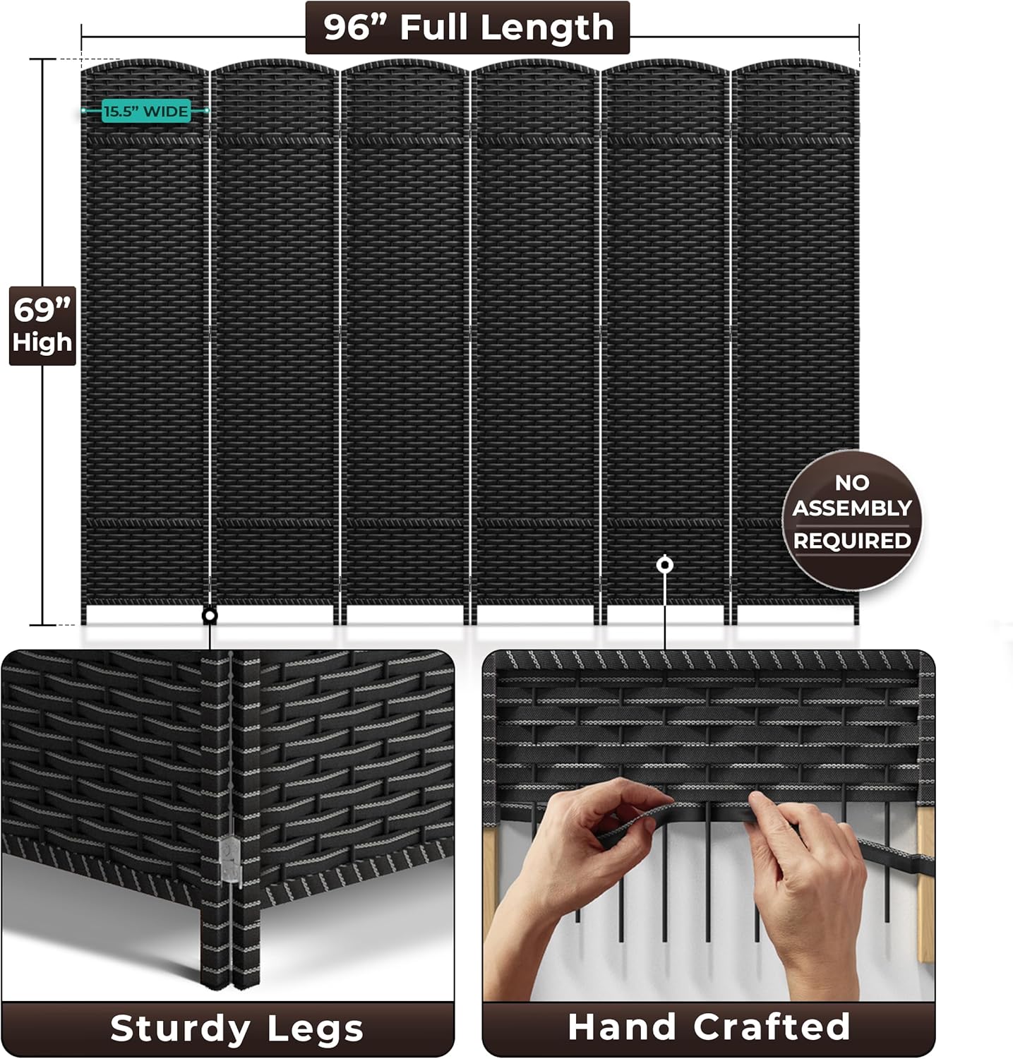 Sorbus 6 Panel Room Divider 6 ft. Tall - Privacy Screen, Extra Wide Double Hinged Panels, Mesh Hand-Woven Design, Partition Room Dividers and Folding Privacy Screens, Wall Divider for Room Separation
