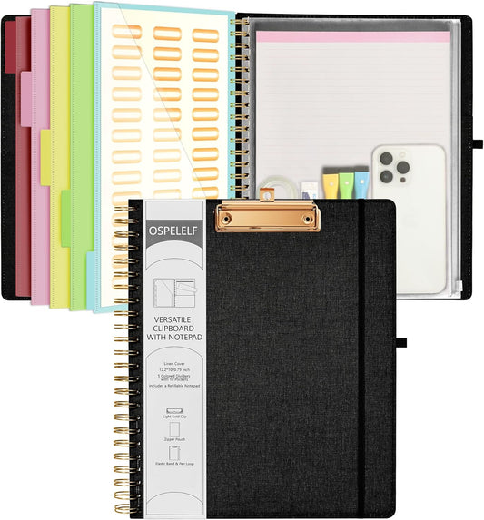 Ospelelf Black Foldable Spiral Clipboard Folio with Storage Zipper Pouch, 5 Plastic Folders with 10 Pockets,Refillable Lined Notepad (11" x 8.5"), Hardcover Project Organizer with 39 Stickers