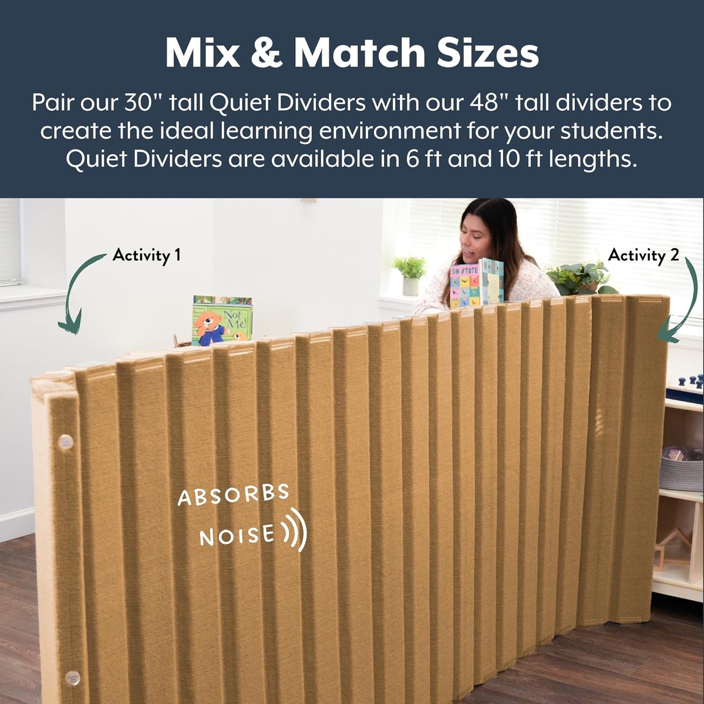 Angeles, Quiet Divider with Sound Sponge 48" x 10' Wall in Natural Tan, Free-Standing Classroom Partition for Enhanced Classroom Productivity and Noise Reduction