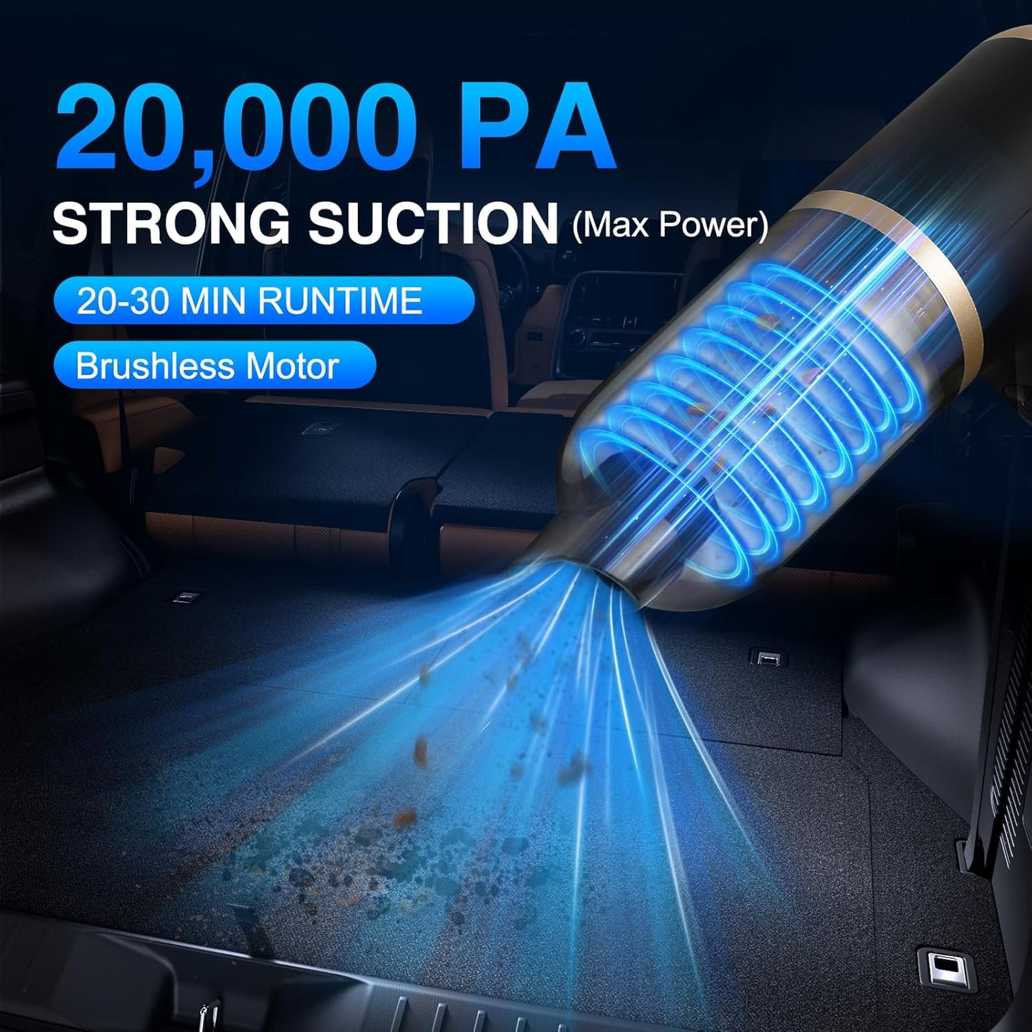 Handheld Vacuum Cordless Car Vacuum Portable with 20000PA, Lightweight Mini Hand Vacuum Cleaner with Brushless Motor, High Power Suction for Home, Pet and Car