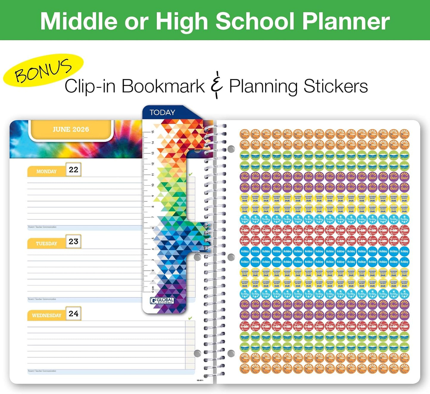 Global Datebooks Dated Middle School or High School Student Planner for Academic Year 2025-2026 Includes Ruler/Bookmark and Planning Stickers (Block Style - 8.5"x11" - Doodles)