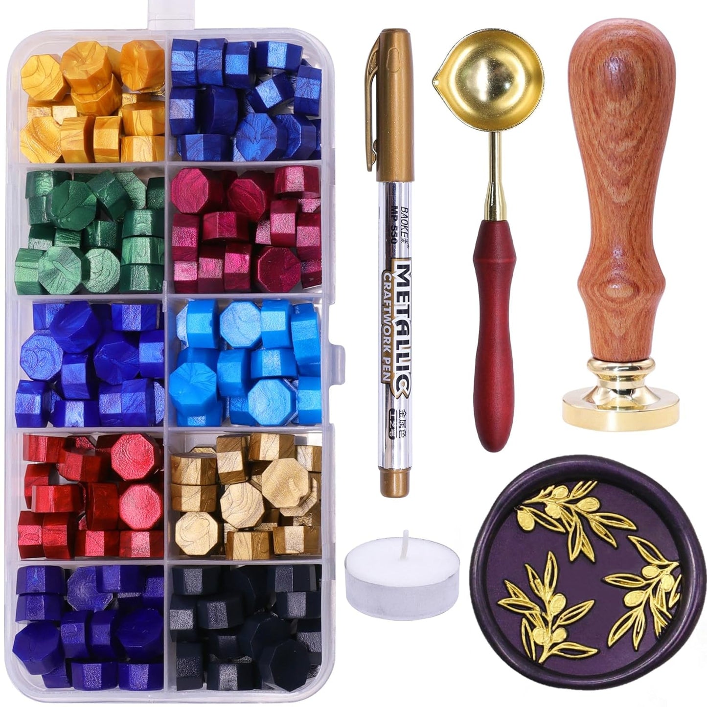 SWANGSA Olive Branches Wax Seal Stamp Kit with 200pcs Sealing Wax Beads, Great for Embellishment of Invitations, Wine Packages, Gift Ideas
