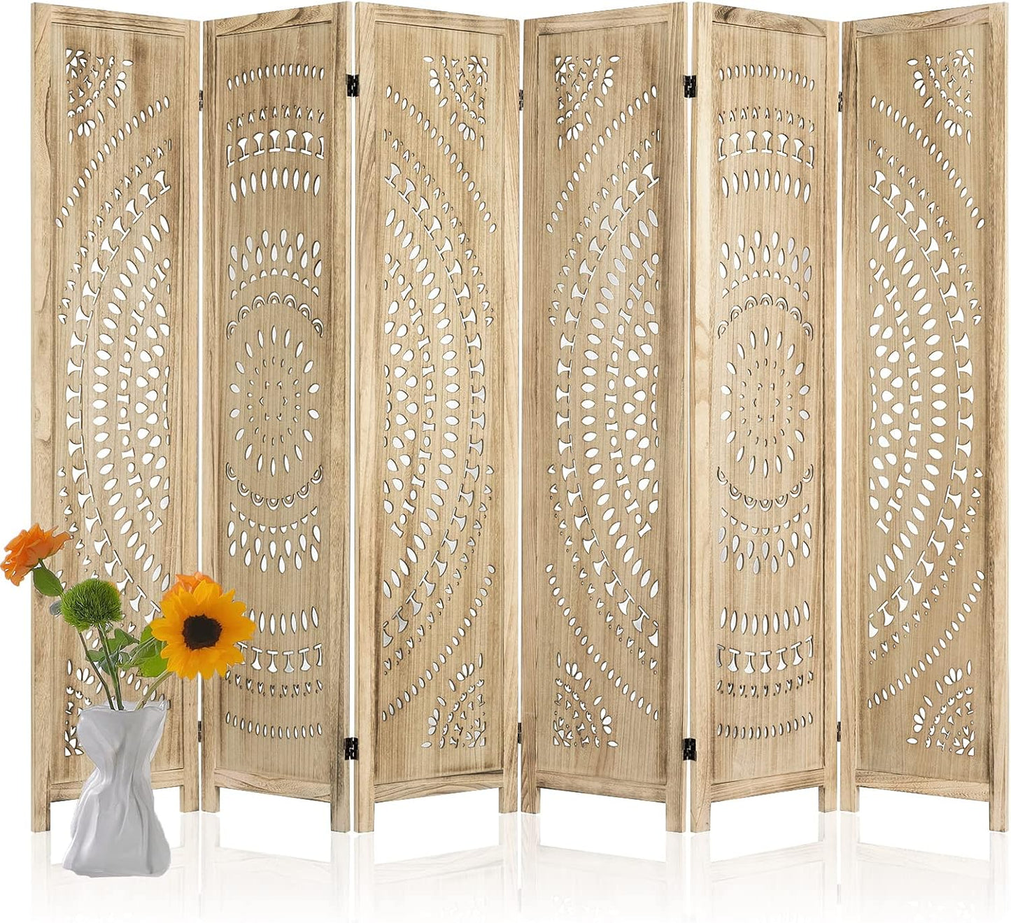 6 Panel Handcrafted Carved Room Divider Screen, 360° Adjustable Wood Folding Privacy Screens for Room Separation, 66.9 Inch Partition Room Dividers for Home Bedroom Office, Natural
