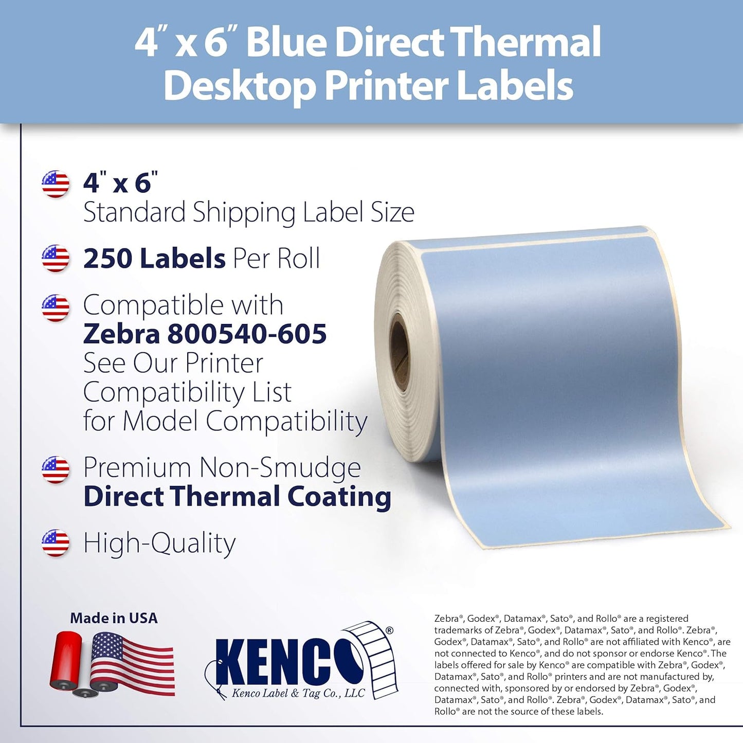 4" X 6" Direct Thermal Perforated Stickers Labels for Shipping Labels, Inventory, and Color Coding - Compatible with Zebra, Rollo, Godex and More (Blue, 12 Rolls)