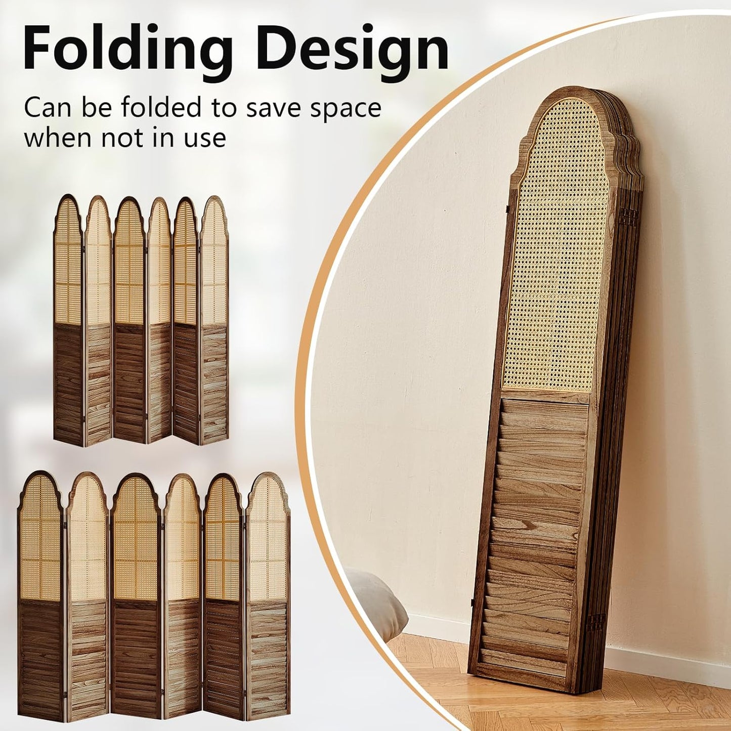 6 Panel Rattan Room Divider Panel, 5.6Ft Partitions and Dividers, Louvered Partition Divider, Room Dividers Screen, Solid Wood Frame, Folding Screen, Bedroom, Family Room, Dark Brown